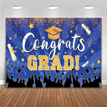 Imagem de 2026 Congrats Grad Graduação Pano de fundo 25,5 x 1,5 m Azul e Dourado Imagem de Fundo Classe de 2026 Formatura Festa Formatura Banner Photo Booth Suprimentos