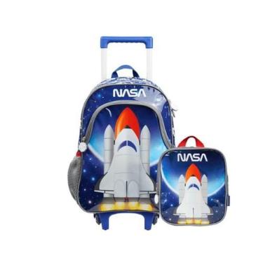 Imagem de Kit Mochila de Rodinhas e Lancheira Escolar Masculina Térmica Foguete 