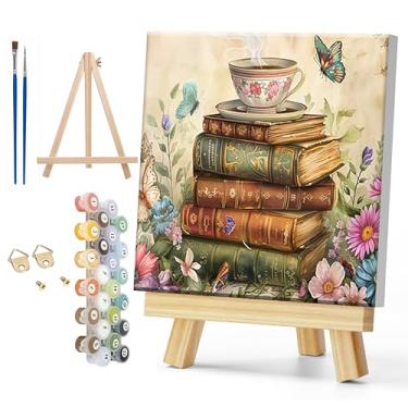 Imagem de Ycydilirab Kit de pintura de livros por números para adultos com cavalete de madeira emoldurado - Livro adulto pintura por números, pintura em tela por números para adultos presentes decoração de