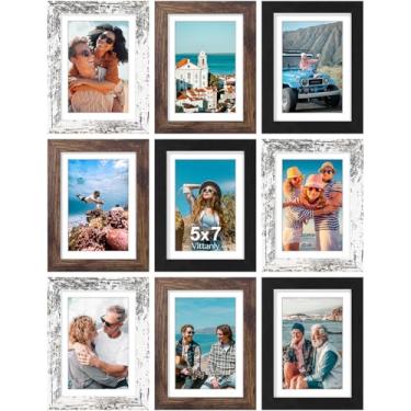 Imagem de Vittanly Conjunto de 9 porta-retratos 12 x 17 cm, exiba imagens 10 x 15 cm sem tapete, molduras para parede ou mesa com acrílico, madeira projetada, preto, marrom e branco envelhecido