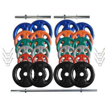 Imagem de Kit Anilhas Emborrachadas 100 Kg + Barras com Presilhas-Unissex