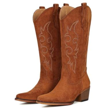 Imagem de IUV Botas de cowboy femininas Western Cowgirl, cano médio, bico curto, salto grosso, Camurça marrom, 38