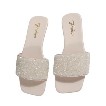 Imagem de BEAUDRM Pantufas femininas com glitter com pérolas brilhantes com contas e bico aberto, Bege liso, 37 BR