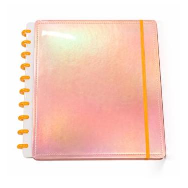 Imagem de Caderno Inteligente Universitário A4, Capa Dura Holográfica, 80 Folhas Pautadas, Discos Coloridos, Personalizável, Soft Touch Metalizado (Laranja)