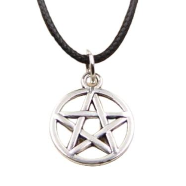 Imagem de EDCRFV Colar Pingente Pentagrama Estrela Cor Prata Tibetana Cordão de Couro Preto Feita à Mão