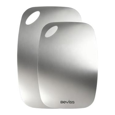 Imagem de Beviss Conjunto de 2 tábuas de corte, tábuas de corte de aço inoxidável 18/8 100% puro, dupla face, tábua de cortar para cozinha, pode ser lavada na lava-louças para carne, legumes ou frutas, P + M