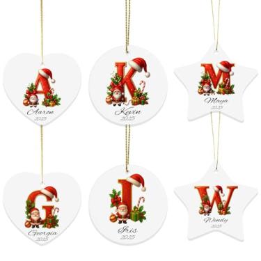 Imagem de 6 peças de enfeites de Natal personalizados dupla face - foto personalizada e conjunto inicial de enfeites de cerâmica 2025 - presente com nome para família, amigos, crianças