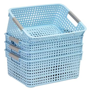 Imagem de Pacote com 4 cestos organizadores de plástico totalmente vazados com alças, organizador multiuso para embaixo da pia do banheiro, armário de cozinha, ideal para artigos de higiene pessoal (azul, médio