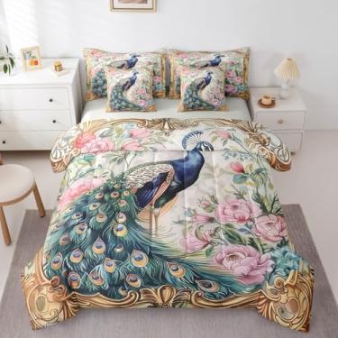 Imagem de Erosebridal Jogo de cama solteiro com estampa de pavão floral e flor de pavão em uma bolsa, princesa e vida selvagem, para crianças, meninos, boêmio, vinatge bege, conjunto de lençol com edredom