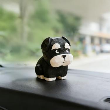 Imagem de ShaoAngDuoMi Estatueta de Schnauzer de madeira esculpida à mão em preto e prata – Mini estátua de cachorro fofa com base de madeira redonda para decoração de mesa e casa, decoração de painel de carro