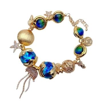 Imagem de DWBPGVUN Pulseira feminina de 16 mm-19 mm de vidro murano azul banhado a ouro com pingente de água-viva