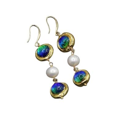 Imagem de DWBPGVUN Brincos de gancho com pingente de vidro murano azul pérola Keshi branco cultivado em água doce