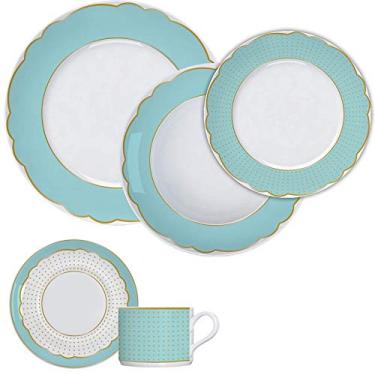 Imagem de Jogo de jantar completo em porcelana, Modelo Versa, Brasília, Royal Tiffany, 30 peças, Germer, Branco com detalhes em verde claro e ouro