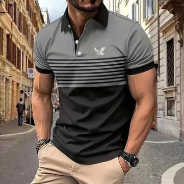 Imagem de Camisa Polo Listrada Masculina Casual De Manga Curta Para Golfe Confor
