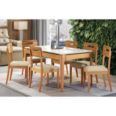 Imagem de Conjunto Mesa Mira Premium Madeira Maciça c/ Tampo Madeirado c/ Vidro 160x90cm e 6 Cadeiras Lila Carvalho/Off White - Linho Bege Argila Kappesberg