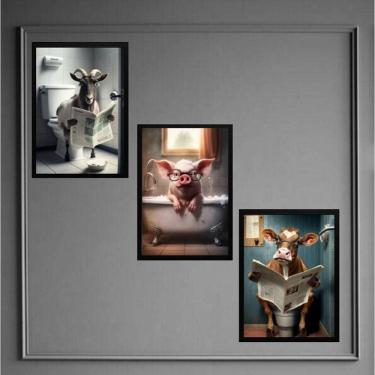 Imagem de Kit 3 Quadros Divertidos Banheiro Fazenda 33X24Cm