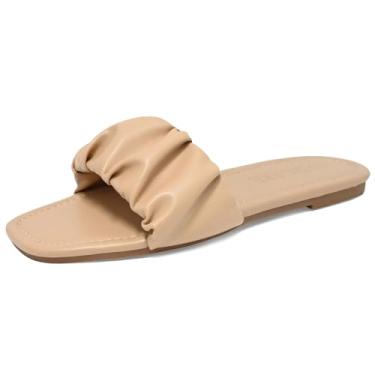 Imagem de SICARE Sandálias rasteiras femininas confortáveis, casuais, quadradas, bico aberto, modernas, flexíveis, sandálias deslizantes de verão e praia, fofas, sem cadarço, elegante, preto, branco, nude