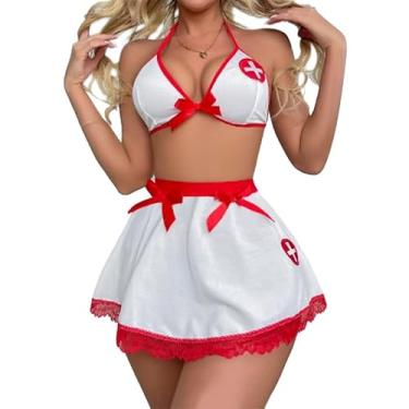 Imagem de Satohom Roupas femininas sexy de enfermeira, fantasia impertinente, babydoll de pelúcia, camisola cosplay lingerie com minissaia plissada