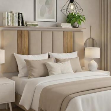 Imagem de Kit Cabeceira Cama Box Casal Estofada Com Ripado Mdf Freijó (Bege/Freijó, Casal)