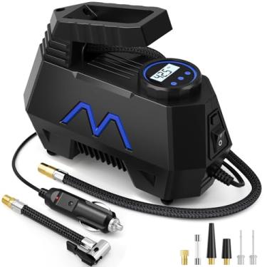 Imagem de Compressor de ar portátil para insuflador de pneu, bomba de ar para pneus de carro - cabo de 2 m, bomba automática alimentada por CC de 12 V com medidor de pressão digital, luz LED de emergência