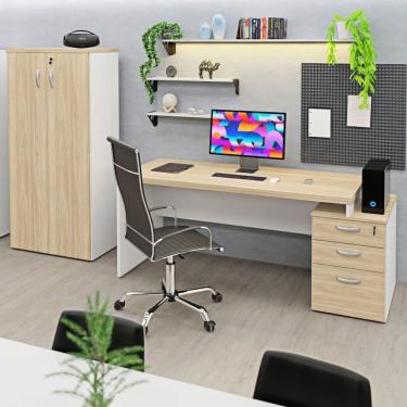 Imagem de Conjunto Mesa Pedestal e Armário Alto para Escritório Dubai/Branco