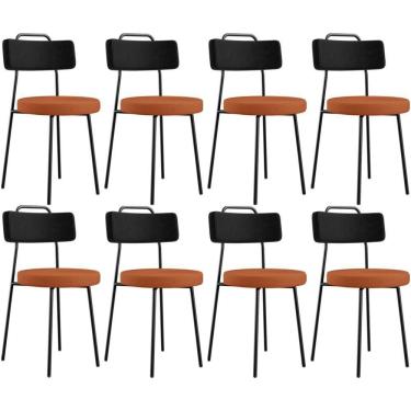 Imagem de Kit 08 Cadeiras Estofada Para Sala De Jantar Barcelona L02 Couríssimo Preto Tecido Terracota - Lyam