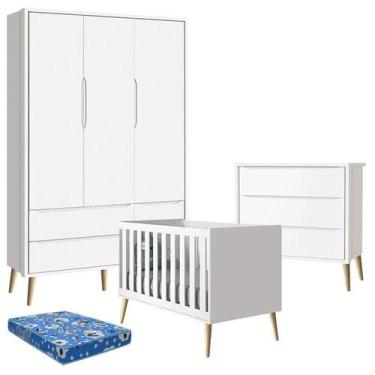 Imagem de Quarto de Bebê Theo 3 Portas com Colchão e Cômoda Gaveteiro Branco Ace