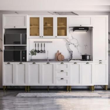Imagem de Armário Cozinha Americana Modulada Completa 305cm Com Vidros Multimóveis Cr20497 Branco