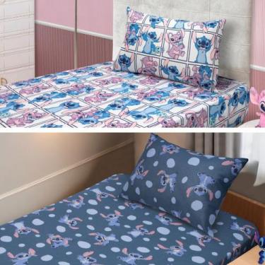 Imagem de Kit 2 Jogo Lençol Menina Stitch Com Elástico Cama Solteiro - Portallar