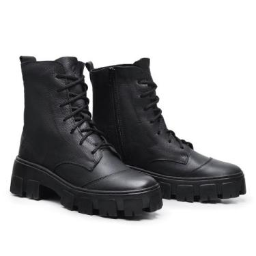 Imagem de Bota Feminina de Couro Coturno Feminino Valentina Plataforma Cor Black