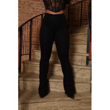 Imagem de Faraya Jeans Calça Flare Preta com strass/brilho aplicação Cintura alt