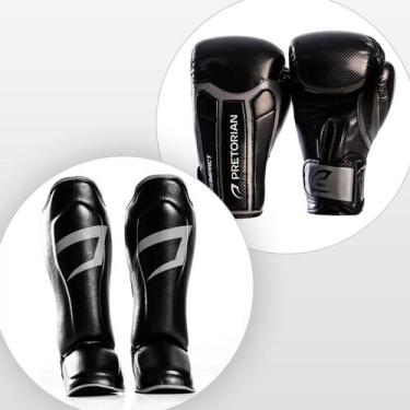 Imagem de Kit Muay Thai Luvas + Caneleiras Impact Preto-Prata Pretorian, Preto, 