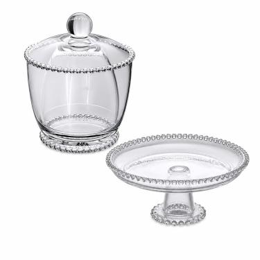 Imagem de Kit Prato de Cristal com Pé e Manteigueira Francesa de Vidro com Tampa Pearl Transparente Wolff