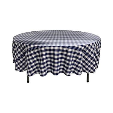 Imagem de LA Linen Toalha de mesa redonda xadrez de poliéster, 228 cm, azul-marinho/branco