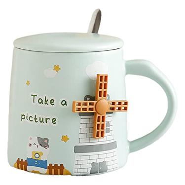 Imagem de seelucky Caneca de balão de ar quente com tampa colher criança caneca de leite de desenho animado caneca 3D xícara de café de cerâmica xícara de chá presente de aniversário escritório casa (moinho de vento verde tirar uma foto, 380 ml)