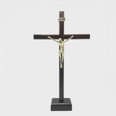 Imagem de Crucifixo Mesa Parede Madeira Escura Slim Ouro Velho 40 Cm