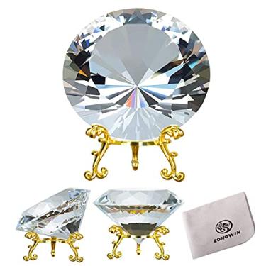 Imagem de LONGWIN Peso de papel de diamante de cristal de 80 mm para decoração de unhas, decoração de casamento, decoração de casa com base de metal dourada (transparente)