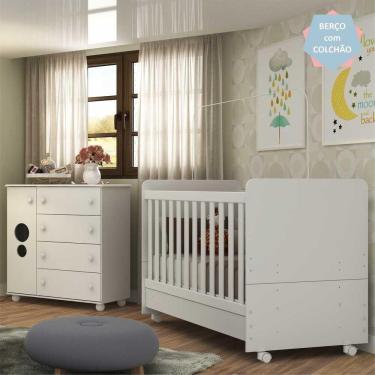 Imagem de Quarto Infantil Berço com Colchão Incluso e Cômoda Pimpolho Multimóveis Branco