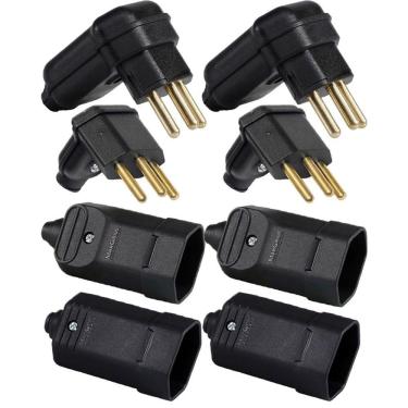 Imagem de 2 Plug Macho 3 Pinos 10a 90 Graus + 2 Plug Macho 3 Pinos 20a 90 Graus  + 2 Tomada Femea 3 Pinos 20a + 2 Tomada Femea 3 Pinos 10a Preto