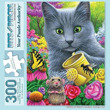 Imagem de Bits and Pieces - Quebra-cabeça de 300 peças para adultos 45,72 x 60,96 cm - Chillin in Misty's Garden - 300 peças gato flor rato borboleta animal de estimação quebra-cabeça da artista Bridget Voth