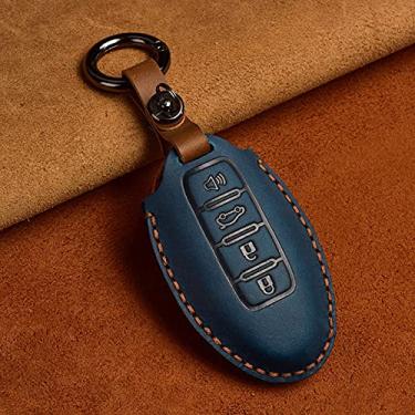 Imagem de YJADHU Capa de chave de carro de couro, apto para Infiniti EX35 FX35 FX50 M56 G35 G37 JX35 QX50 QX60 QX80 chaveiro Nissan capa de bolsa, 4 botões azul