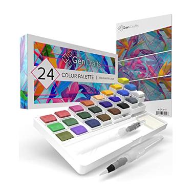 Imagem de GenCrafts Paleta de aquarela com bloco de papel bônus 24 cores premium – 2 canetas de pincel de água recarregáveis – 15 folhas de papel aquarela – Pintura portátil