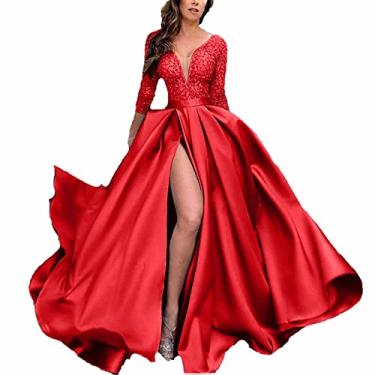 Imagem de Vestido de baile feminino elegante manga longa ocasião formal vestido de noite decote em V franzido colado ao corpo vestido maxi coquetel, vermelho, 3GG (busto: 112 cm)