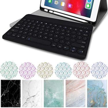 Imagem de Novo iPad 10,2 polegadas 2019 9,7 10,5 11 polegadas Teclado de mármore 7 cores Retroiluminado com suporte de lápis Destacável Teclado Redondo Capa Fina Fina, Black+Black Keyboard, iPadAir3/iPadPro10.5