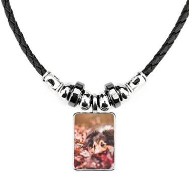 Imagem de DIYthinker Colar com foto de folha de animal de estimação com pingente de corda de couro Torque
