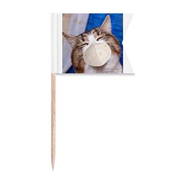 Imagem de Sinalizadores de palito com cabeça de apertar sonolento, rosto de gatos, marcação de rotulagem para festas, bolos, alimentos, queijo