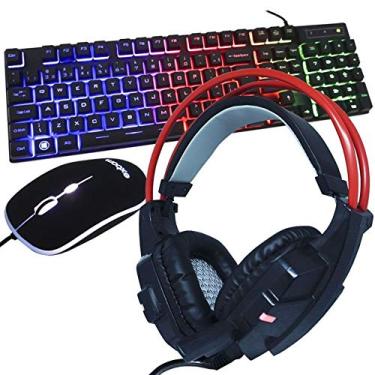 Imagem de Kit Teclado Mouse Headset Gamer Computador Usb Abnt2 Iluminado Led Rgb Bk-g550 Gh-x20 Preto/Vermelho.