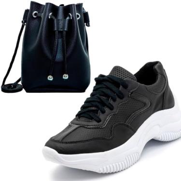Imagem de Kit Tênis Feminino Preto Sneaker Chunky Sola Alta E Bolsa Saco Transversal Cor:Preto;Tamanho:33;Genero:Feminino