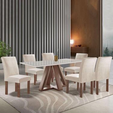 Imagem de Mesa de Jantar 6 Lugares Kyra/Canela com Vidro Chocolate/Off White/Suede Bege - Cel Móveis