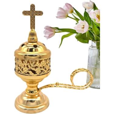 Imagem de Queimador de incenso de metal, queima de incenso com cruz de metal, queimador de incenso de metal pequeno doméstico, queimador de incenso de carvão de olíbano, suporte de resina católica para uso em d